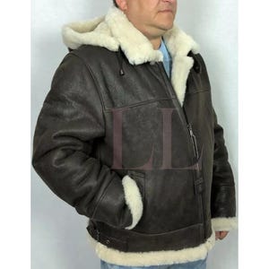 Handmade Men Brown Aviator Pilot RAF B3 Flying Bomber Shearling Faux Fur Real Sheepskin Leather Jacket*Fur Winter Real  Leather Jacket*