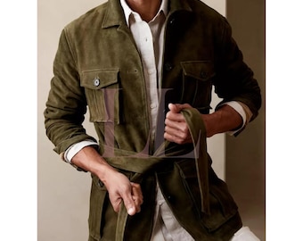 Olive Green Field Leather Jacket Men Pure Suede Custom Made Size*Trendy Handmade Classic Trucker Denim Style Western Cowboy Collar Jacket