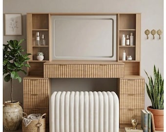 Large Makeup Vanity Desk with Mirror, Fluted Wood Vanity Table with LED Lights & Charging Station, 8 Drawer Dressing Table