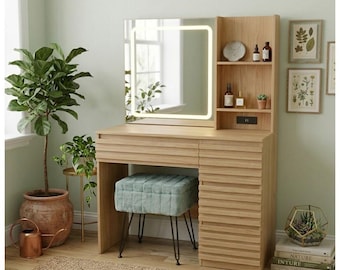 Fluted Vanity Desk with LED Mirror, 4 Drawers, Open Shelves, Power Outlet