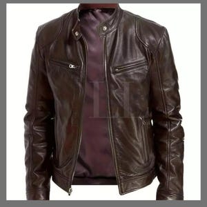 New Stylish Men Soft Leather jacket Brown Sheepskin Motorcycle Jacket*Casual Trendy Genuine Winter Cowhide Leather Jacket (Customize Size)