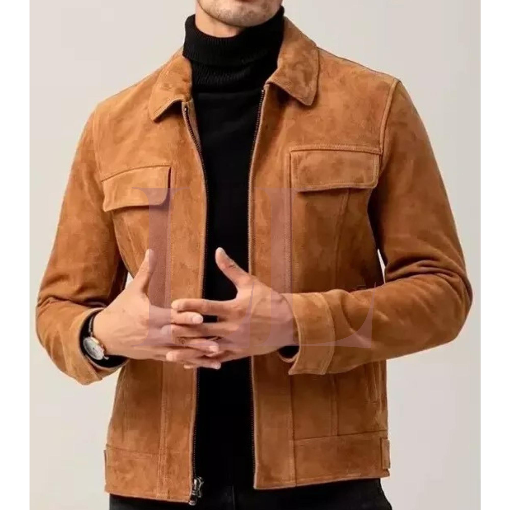 Men's Suede Leather Bomber Jacket Casual Coat for Men*Trendy Handmade Classic Trucker Denim Style Western Cowboy Motorcycle Collar Jacket