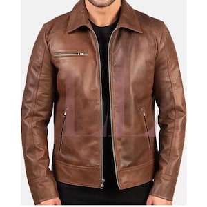 Stylish Handmade Men's Bomber Leather jacket Brown Sheepskin Motorcycle Jacket*Casual Coat Trendy Genuine Winter Cowhide Leather Jacket