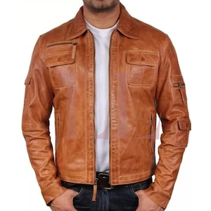 Stylish Handmade Men's Bomber Leather jacket Brown Sheepskin Motorcycle Jacket*Casual Coat Trendy Genuine Winter Cowhide Leather Jacket