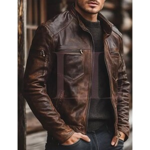 Stylish Men Distressed Brown Leather jacket Sheepskin Motorcycle Jacket*Casual Trendy Genuine Winter Cowhide Leather Jacket (Customize Size)