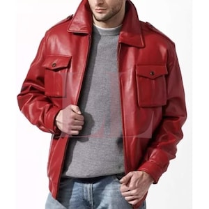Stylish Handmade Men's Leather jacket Red Sheepskin Motorcycle Jacket*Casual Trendy Genuine Winter Cowhide Leather Jacket (Customize Size)