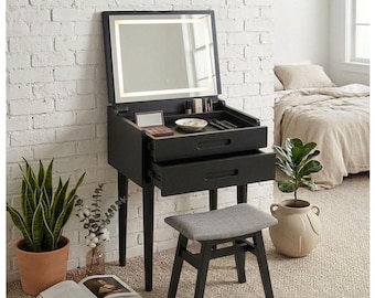 Solid Wood Vanity Desk with Mirror and LED Lights, Mid Century Modern Makeup Table