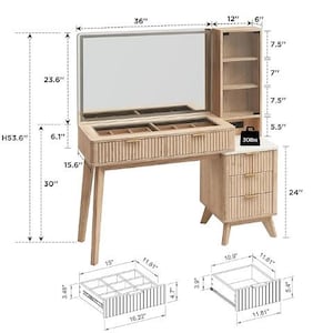 May include: A light wood vanity desk with a rectangular mirror, a glass-top drawer with internal dividers, and a side cabinet featuring three drawers. The unit includes a tall shelving section, gold-toned handles, and labeled dimensions in inches.