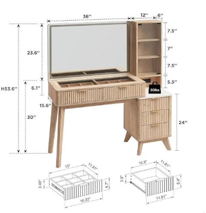 May include: A light wood vanity desk with a rectangular mirror, a glass-top drawer with internal dividers, and a side cabinet featuring three drawers. The unit includes a tall shelving section, gold-toned handles, and labeled dimensions in inches.