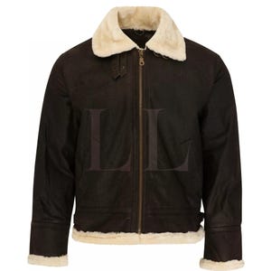 New Men Dark Brown Real Leather Flying Jacket  Faux Lining Bomber Pilot Flight Shearling Jacket*Sheepskin Jacket*Handmade Fur Winter Jacket