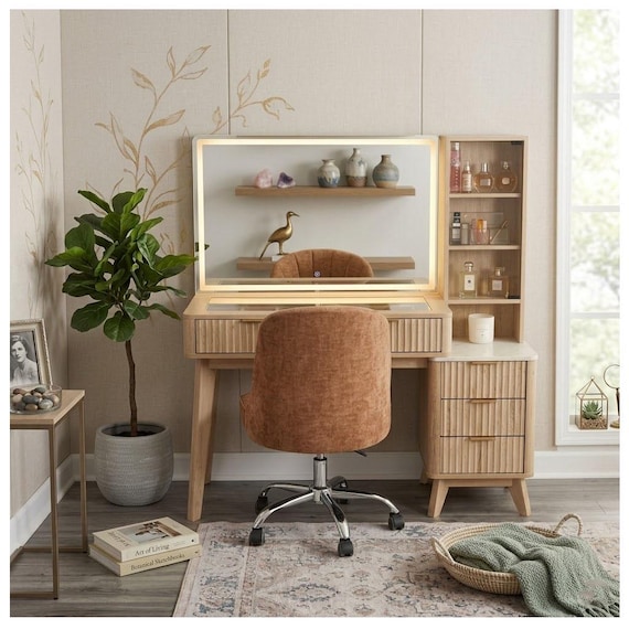 Fluted Makeup Vanity Desk with 36” Lighted Mirror, Modern Glass Top Dressing Table, 5 Drawers, Charging Station Vanity for Bedroom