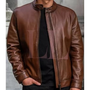 Stylish Handmade Men's Leather jacket Brown Sheepskin Motorcycle Jacket*Casual Trendy Genuine Winter Cowhide Leather Jacket (Customize Size)