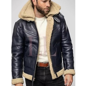 Handmade stylish Men&#39;s Black Aviator B3 Bomber Fur Shearling Flight Sheepskin Faux  Real Jacket Leather Jacket*Winter Real Leather Jacket*