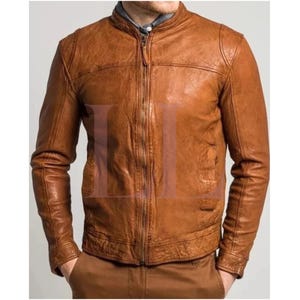 New Stylish Men Soft Leather jacket Brown Sheepskin Motorcycle Jacket*Casual Trendy Genuine Winter Cowhide Leather Jacket (Customize Size)
