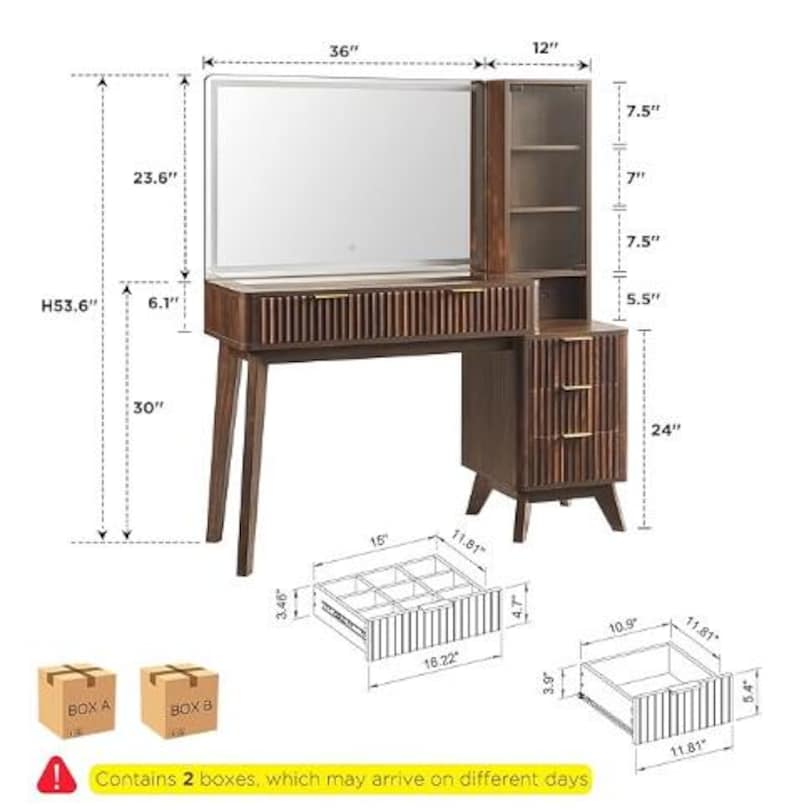 May include: A dark wood vanity table with a large rectangular mirror, a side cabinet with glass shelves, and a drawer unit. The piece features vertical slat detailing, gold-toned handles, and labeled dimensions in inches, including a total height of 53.6 inches.