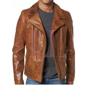Stylish Handmade Men's Leather jacket Brown Sheepskin Motorcycle Jacket*Casual Trendy Genuine Winter Cowhide Leather Jacket (Customize Size)