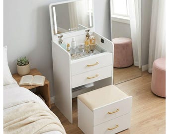 3-in-1 Vanity Desk with Flip Top Mirror, Lights, Charging Station, Glass Top
