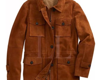 Men&#39;s New Brown Suede Leather Jacket Biker*Trendy Handmade New Classic Denim Style Western Cowboy Motorcycle Collar Jacket (Customize Size)