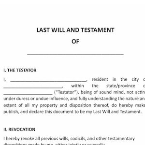 Peut inclure: Un document de testament imprimé sur papier blanc. Le document comprend des sections pour le testateur, la révocation et l'exécuteur testamentaire. Le texte comprend "Testament", "Testateur" et "Exécuteur". La page 1 sur 10 est visible.
