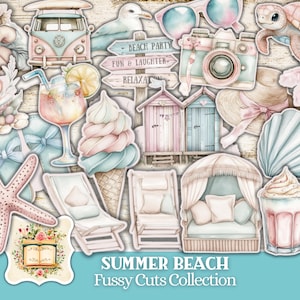 Summer Beach Fussy Cuts, Adesivi da spiaggia, Download digitale, Diario spazzatura, Effimeri, Scrapbooking, Stampabile, Diario digitale, Adesivi estivi