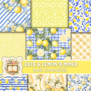 Citroengeel naadloze papieren gele ongewenste tijdschriftpagina's zomerjunk Journal Afdrukbaar fruit herhalend patroon Summer Junk Journal Kit blauwe papieren