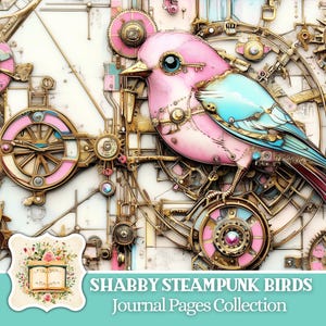 Kit de diario basura con diseño de pájaros, estilo steampunk, descarga digital, papel digital, scrapbooking, diario digital, imprimible, azul y rosa.