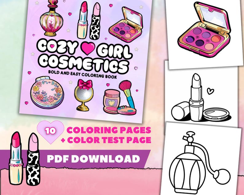 Cozy Girl Cosmetics Coloring Book | Set 2 | 10 Coloring Pages + Color ...