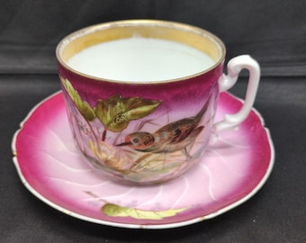 Antique Silesia Bavaria Tea Cup Saucer Bird Motif Pink Gold Trim Porcelain