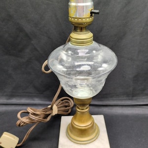 Antique Updated Flint Oil Brass Glass Table Lamp Marble Base Victorian Etched