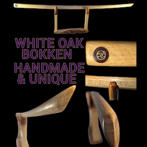 Peut inclure: Un bokken en chêne blanc fait à la main, présenté sur un support en bois. L'image montre des gros plans des détails du bokken, y compris le manche et la lame. Le texte sur l'image se lit "WHITE OAK BOKKEN HANDMADE & UNIQUE."