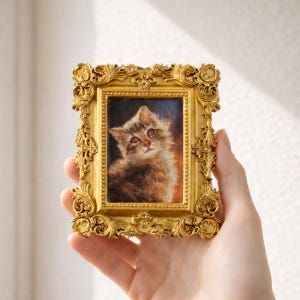 Può includere: Una piccola cornice dorata ornata con un dipinto di un gattino. La cornice presenta un'intricata lavorazione a volute e un bordo interno perlato. Il gattino ha un pelo marrone e grigio e guarda in alto.