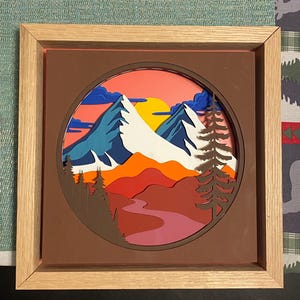 Mountain Scene Wall Art, laser engravings, layered wall art, wood art, custom artwork, handmade art, wall decor