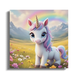 Cute Unicorn Art for Kids Room, Magical Rainbow Unicorn Print, Whimsical Nursery Wall Decor, Fantasy Animal Illustration