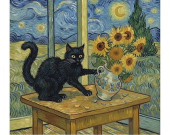 Van Gogh Cat T-Shirt, Starry Night, Black Cat, Sunflower Vase, Funny Art, Cat Lovers, Unique Gift, Impressionism T-Shirt