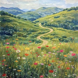 Arte de parede com paisagem floral, pôster, impressão em tela, download digital, prado florido, caminho na montanha, vista panorâmica, cartão de felicitações, cartão postal, decoração para casa