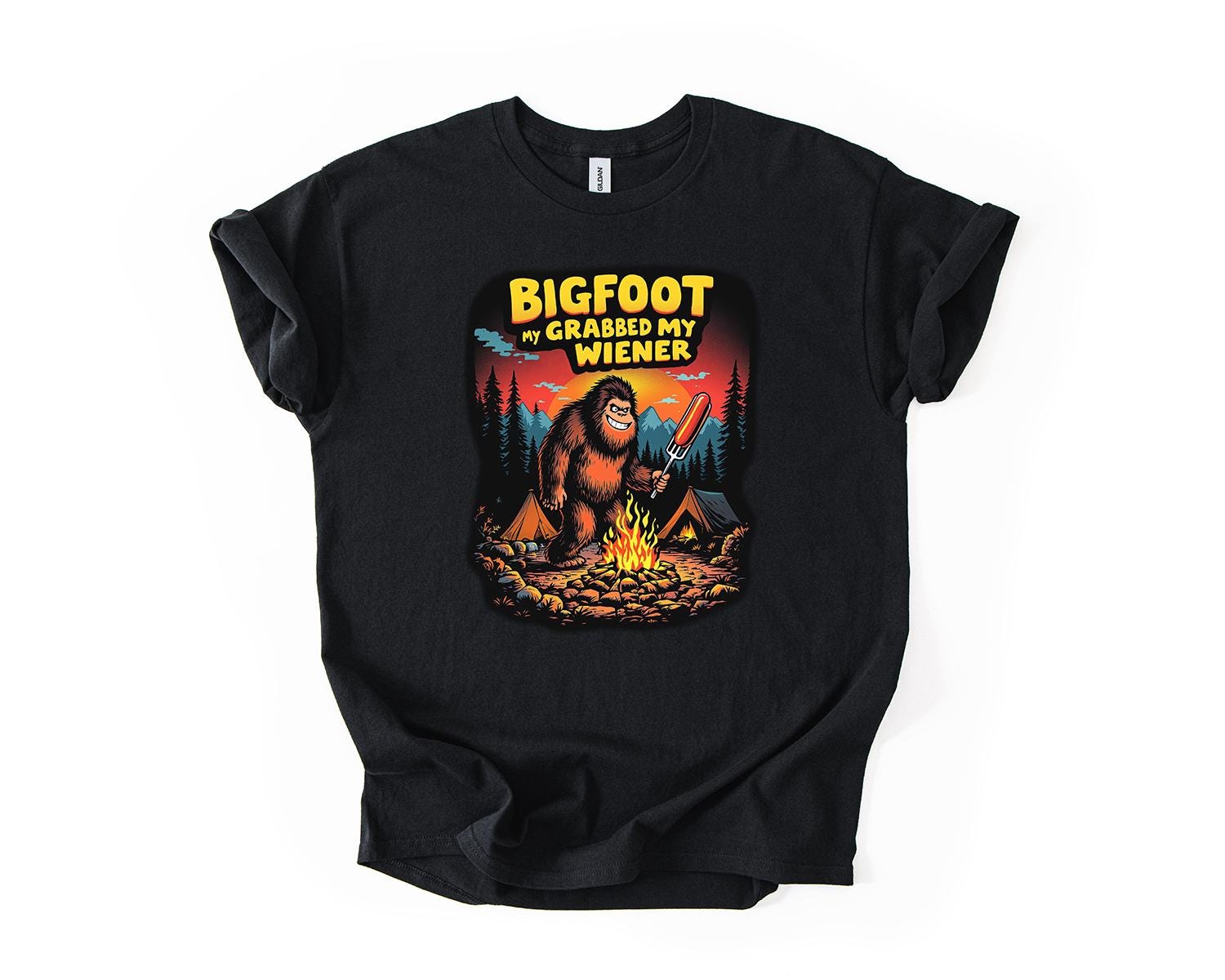 Bigfoot T-shirt, Funny Sasquatch Camping Tee, Grabbing Wiener