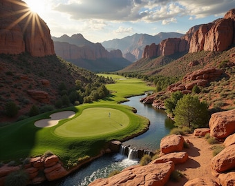 May include: A picturesque golf course set within a canyon landscape. The course includes a green fairway, bunkers, and a flag. A river meanders through the canyon, surrounded by red rock formations and verdant vegetation. The sun is shining brightly.