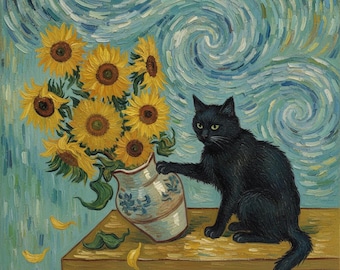 Cat and van gogh's sunflowers, cat eating flowers, bad cat, cat