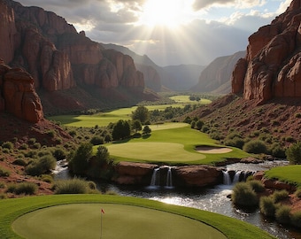 May include: A picturesque golf course set in a valley with red rock cliffs. The image shows green fairways, a small waterfall, and a red flag on the putting green. Sunlight streams through the clouds, illuminating the scene.