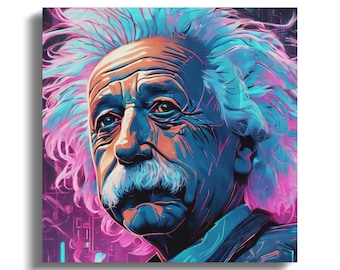 Impresión artística de Einstein Cyberpunk, póster de neón futurista, arte de pared digital, decoración de ciencia ficción única, descarga de imágenes generadas por IA