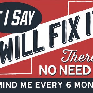 Puede incluir: Un letrero de estilo retro con fondo rojo y texto blanco. El texto dice "IF I SAY I WILL FIX IT" en letras negras en negrita. Debajo, en una fuente más pequeña, dice "There's NO NEED TO REMIND ME EVERY 6 MONTHS."