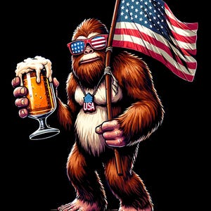Patriotic Bigfoot T-Shirt, USA Flag Shirt, Sasquatch Beer Tee, 4th of July Shirt, American Pride Apparel, Funny Bigfoot Gift Idea