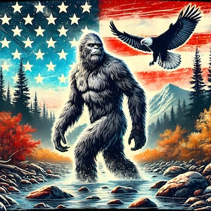 Puede incluir: Ilustración de un Bigfoot en un río, con una bandera americana de fondo y un águila volando. La obra utiliza rojo, blanco y azul, con una detallada escena de bosque y montaña. La imagen evoca la naturaleza salvaje americana.