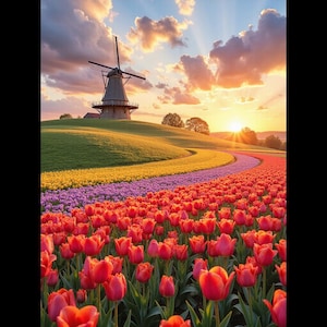 Molino de viento holandés y campo de tulipanes (impresión digital, tarjeta de felicitación, póster, taza, arte mural, lienzo, póster impreso, envoltura, decoración del hogar, foto de paisaje escénico)