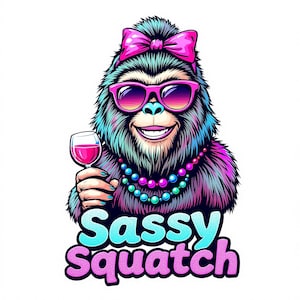 May include: A colorful illustration of a Sasquatch wearing pink sunglasses, a pink bow, and a beaded necklace, holding a glass of pink wine. The text "Sassy Squatch" is displayed in a turquoise and pink font.