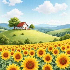 Campo di girasoli digitale, biglietto d'auguri, poster incorniciato, tazza, arte murale, poster con stampa su tela, casa su una collina, paesaggio di fattoria, arte di una giornata di sole
