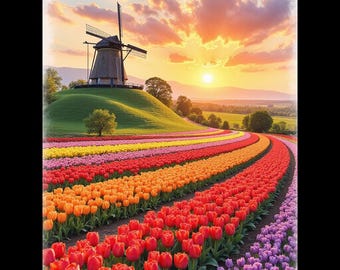 Tulip Field Windmill Sunset Digital Download, Greeting Card, Framed, Large and Small Poster, Mug, Wall Art, Canvas, Print, Wrap