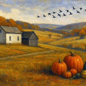 May include: An autumnal landscape painting featuring a white farmhouse and barn set against rolling hills. A flock of birds flies across the sky. Pumpkins and gourds are in the foreground, with vibrant orange and green hues. The overall theme is harvest and fall.
