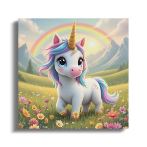 Cute Unicorn Wall Art Print Nursery Decor, Rainbow Landscape Poster, Magical Kids Room Decor, Adorable Fantasy Animal Artwork