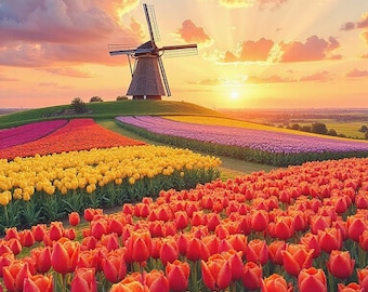 Tulip Field Windmill Art,Digital,Greeting Card,Poster,Mug,Wall Art,Canvas,Canvas Print,Canvas Wrap,Farm Landscape Photography